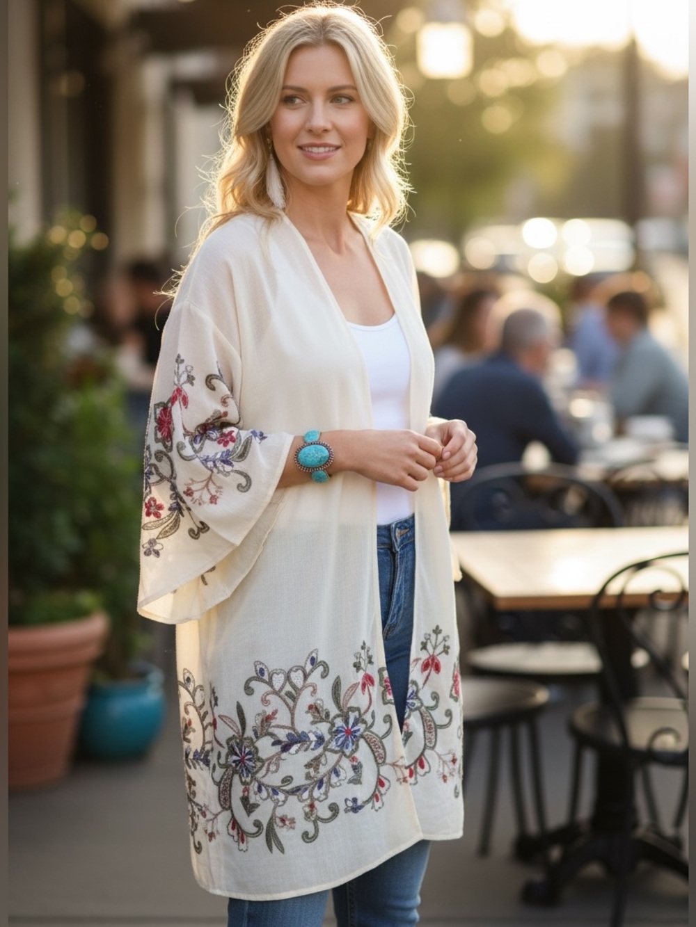 Cream Sheer Floral Embroidered Open-Front Women's Kimono Coverup Boho Beach - Picture 3 of 11